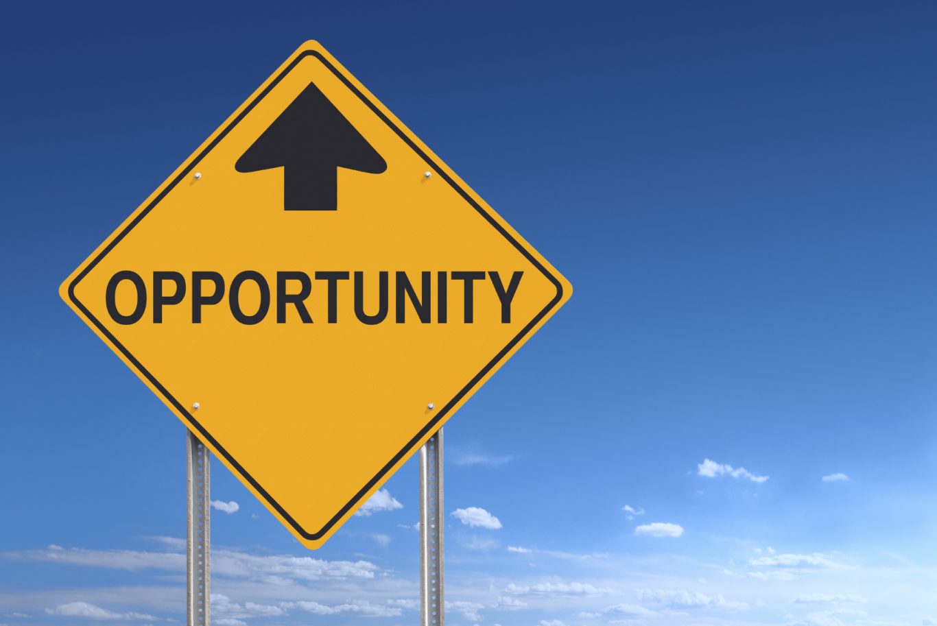 Opportunity Awaited Me, I accepted accountability to fix it. Johnny D. Yellow road sign displaying the word "OPPORTUNITY" with an upward arrow.