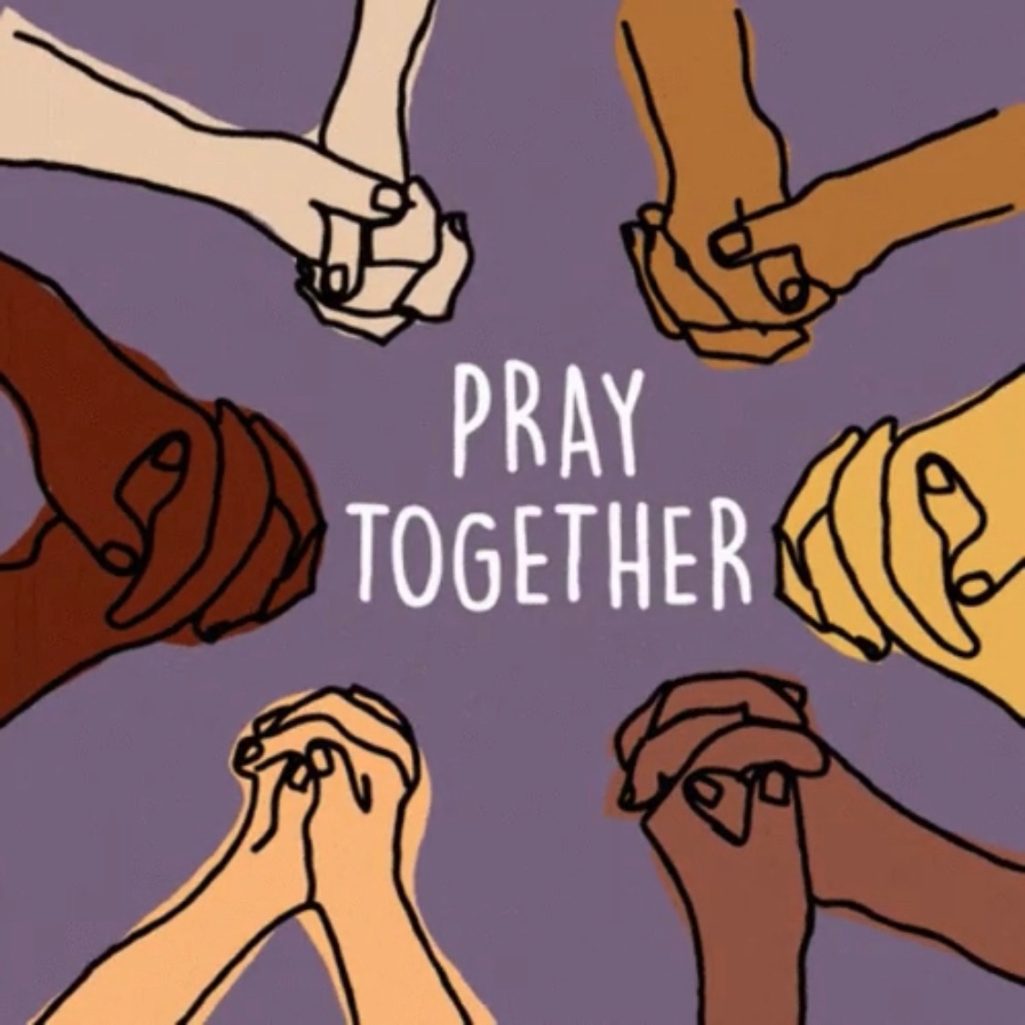 God, Jesus, Most High, pray, Yahweh, Christ Diverse hands of different skin tones clasped together with the words "Pray Together."
